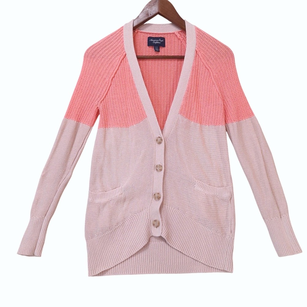 American Eagle Colorblock Knit Cardigan‎ Sweater XS Peach Tan Layering Preppy